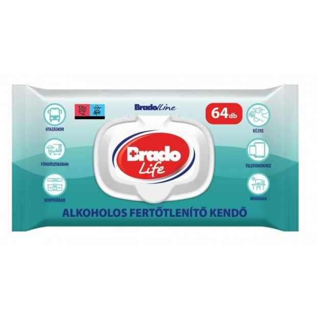 Bradolife fertőtlenítő kendő kupakos 64db